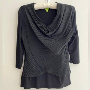 ADAM JACOBS Pleated Cross Front Black Top 3/4 Sleeve Office Occasion Travel